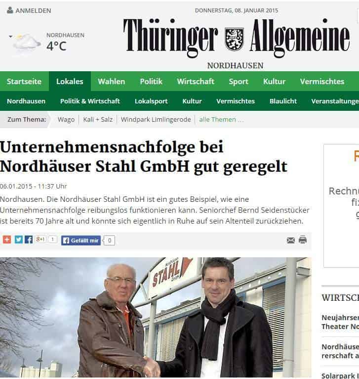Ausschnitt aus Thüringer Allgemeine Unternehmensnachfolge Nordhäuser Stahl GmbH
