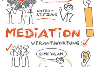Flipchart Scetch in grau und orange zur Erklärung von "Mediation"