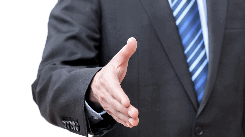 Eine Hand die dem Betrachter gereicht wird.