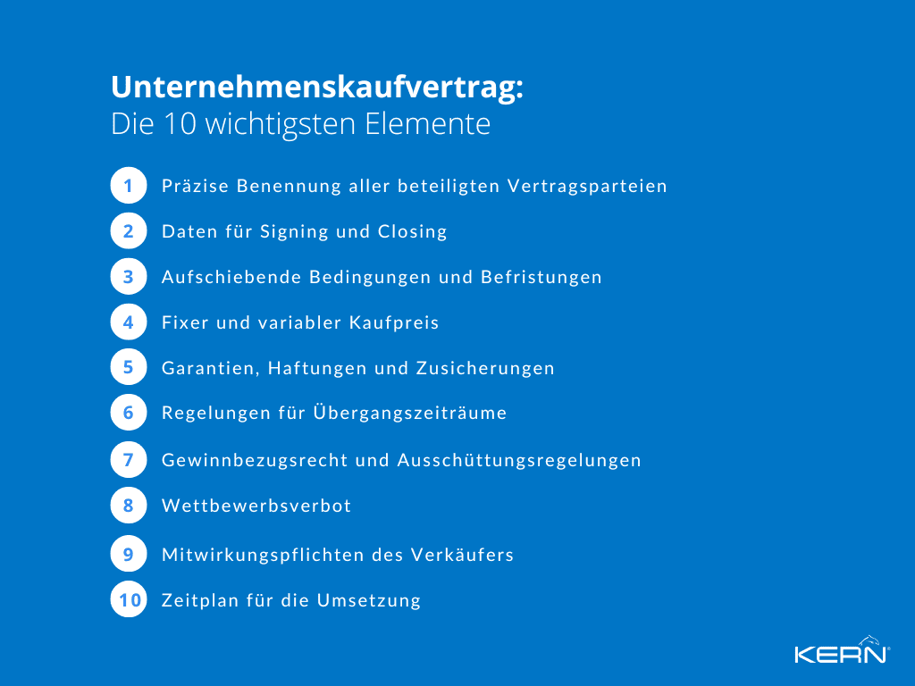 KERN-Grafik-zu-den-10-wichtigsten-Elementen-eines-Unternehmenskaufvertrags